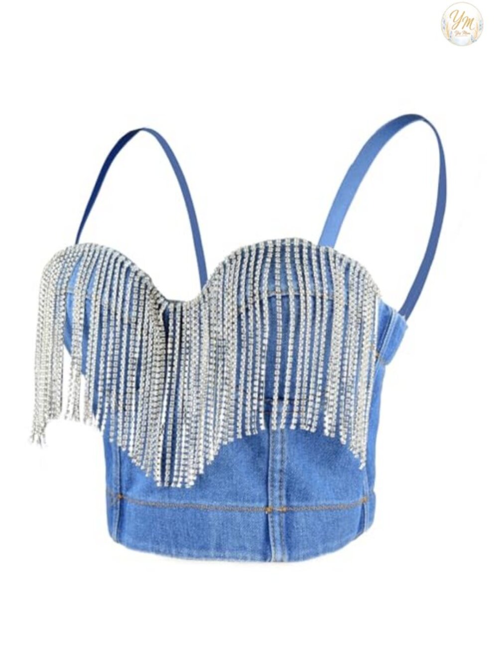 ELLACCI Women's Denim Bustier Crop Top Rhinestone Fringe Corset Top
